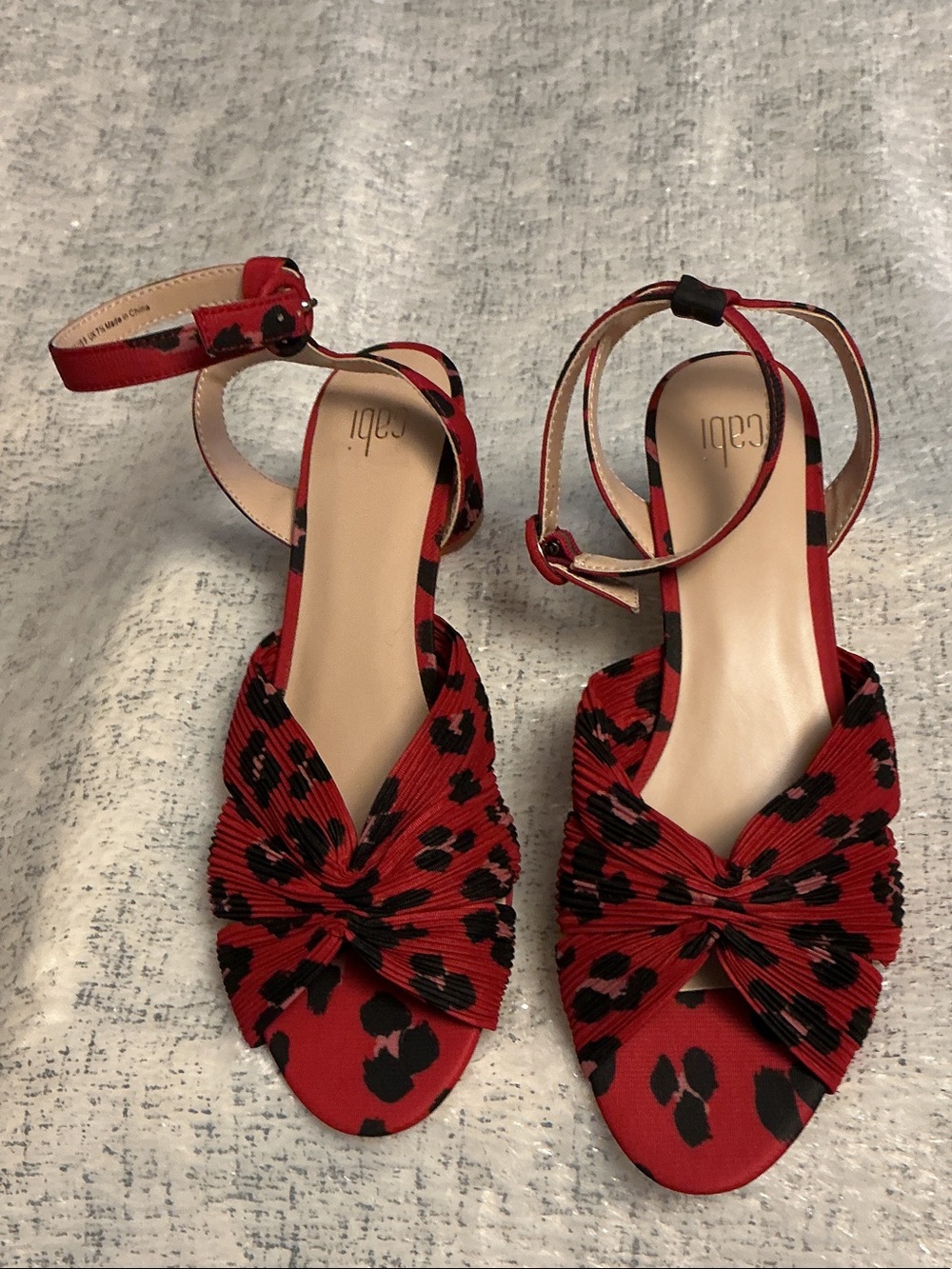CAbi Red and Black Leopard Knot Ankle-Strap Sandals